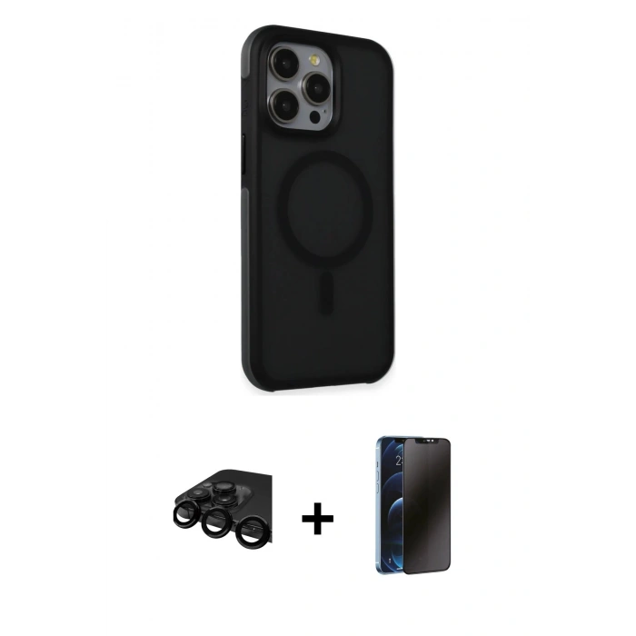 MARSİLYAN™- iPhone 15 Pro Max Kılıf Çekirdek Yansıma Prime - Siyah 3D Antistatik Hayalet Cam Ekran Koruyucu + Raze Metal Kamera Lens - SH