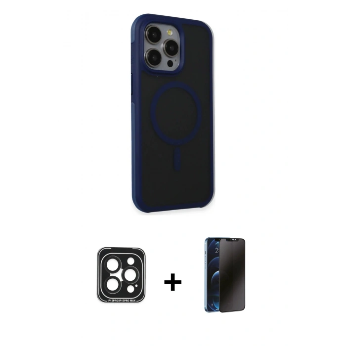 MARSİLYAN™- iPhone 15 Pro Max Kılıf Çekirdek Yansıma Prime - Siyah 3D Antistatik Hayalet Cam Ekran Koruyucu + PVD Metal Kamera Lens - SH