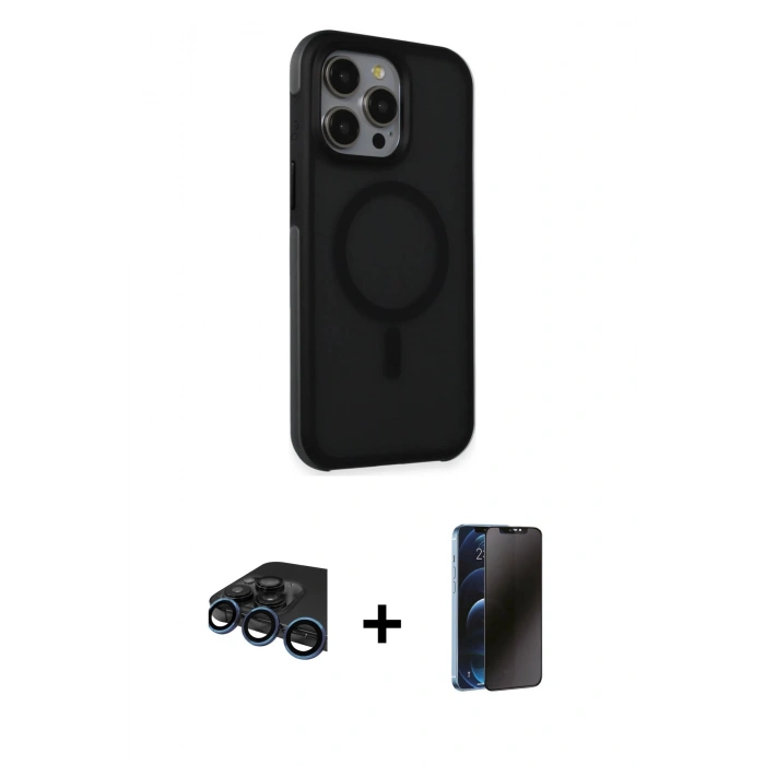 MARSİLYAN™- iPhone 15 Pro Max Kılıf Çekirdek Yansıma Prime - Siyah 3D Antistatik Hayalet Cam Ekran Koruyucu + Raze Metal Kamera Lens - LT