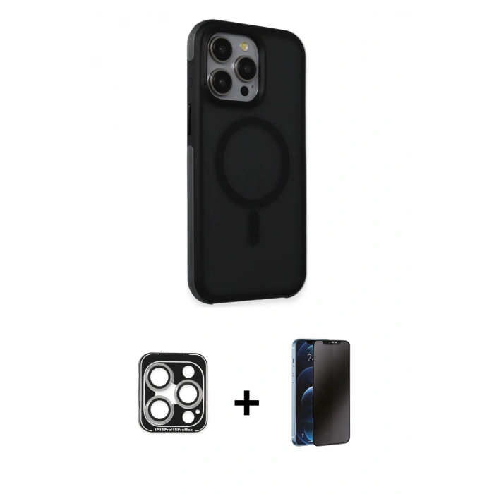MARSİLYAN™- iPhone 15 Pro Max Kılıf Çekirdek Yansıma Prime - Siyah 3D Antistatik Hayalet Cam Ekran Koruyucu + PVD Metal Kamera Lens - GS