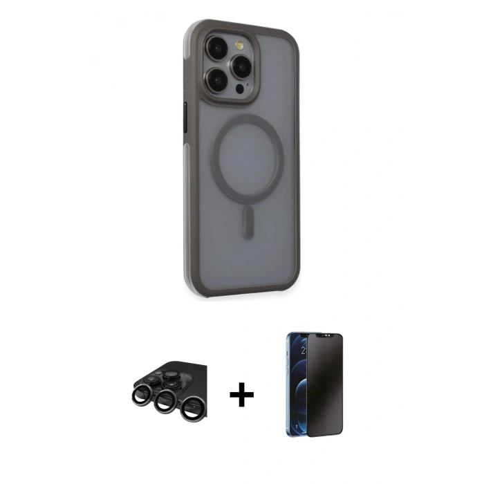 MARSİLYAN™- iPhone 15 Pro Max Kılıf Çekirdek Yansıma Prime - Siyah 3D Antistatik Hayalet Cam Ekran Koruyucu + Raze Metal Kamera Lens - TMGI