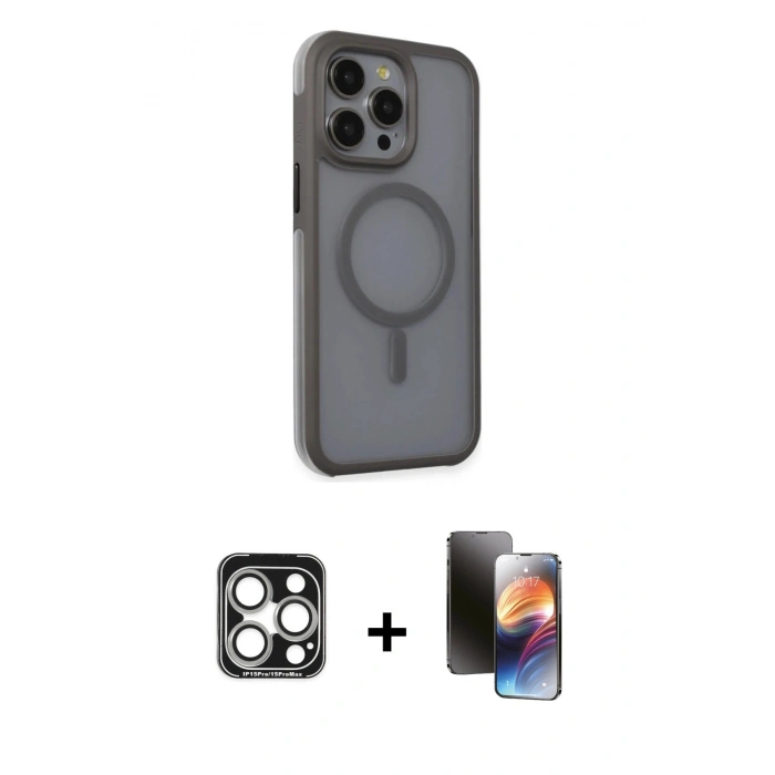 MARSİLYAN™- iPhone 15 Pro Max Kılıf Çekirdek Yansıma Prime - Siyah 3D Antistatik Mat Seramik Nano Ekran Koruyucu + PVD Metal Kamera Lens - GS