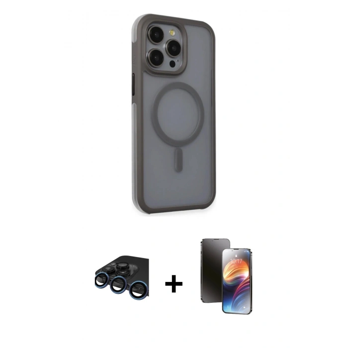 MARSİLYAN™- iPhone 15 Pro Max Kılıf Çekirdek Yansıma Prime - Siyah 3D Antistatik Mat Seramik Nano Ekran Koruyucu + Lacivert Raze Metal Kamera Lens