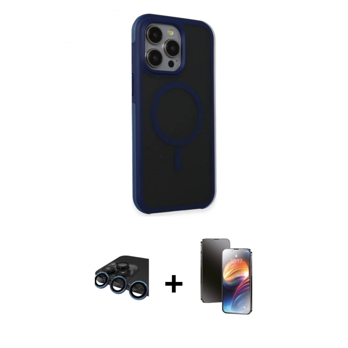 MARSİLYAN™- iPhone 15 Pro Max Kılıf Çekirdek Yansıma Prime - Siyah 3D Antistatik Mat Seramik Nano Ekran Koruyucu + Lacivert Raze Metal Kamera Lens