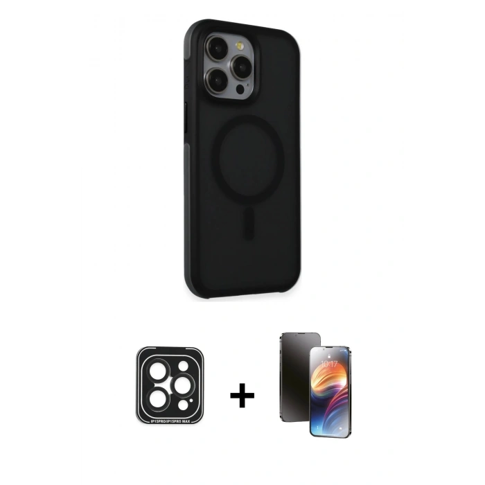 MARSİLYAN™- iPhone 15 Pro Max Kılıf Çekirdek Yansıma Prime - Siyah 3D Antistatik Mat Seramik Nano Ekran Koruyucu + PVD Metal Kamera Lens - SH