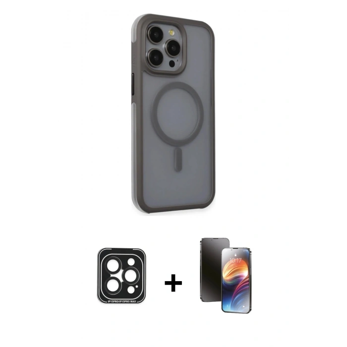 MARSİLYAN™- iPhone 15 Pro Max Kılıf Çekirdek Yansıma Prime - Siyah 3D Antistatik Mat Seramik Nano Ekran Koruyucu + PVD Metal Kamera Lens - SH