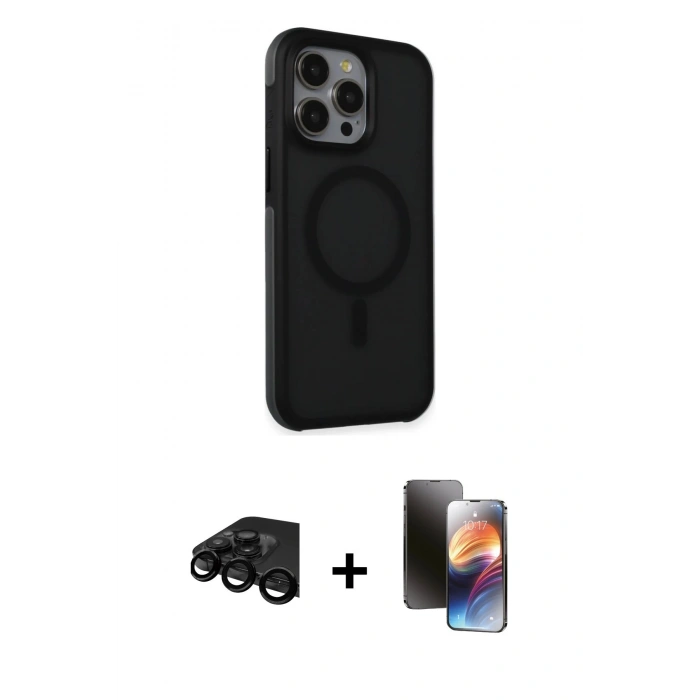 MARSİLYAN™- iPhone 15 Pro Max Kılıf Çekirdek Yansıma Prime - Siyah 3D Antistatik Mat Seramik Nano Ekran Koruyucu + Raze Metal Kamera Lens - SH
