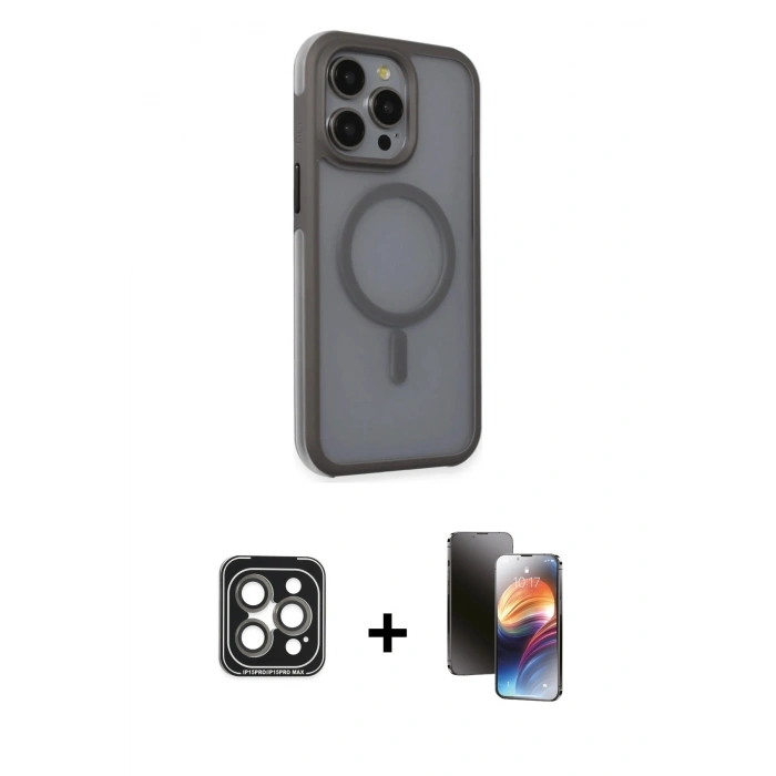 MARSİLYAN™- iPhone 15 Pro Max Kılıf Çekirdek Yansıma Prime - Siyah 3D Antistatik Mat Seramik Nano Ekran Koruyucu + PVD Metal Kamera Lens - GI
