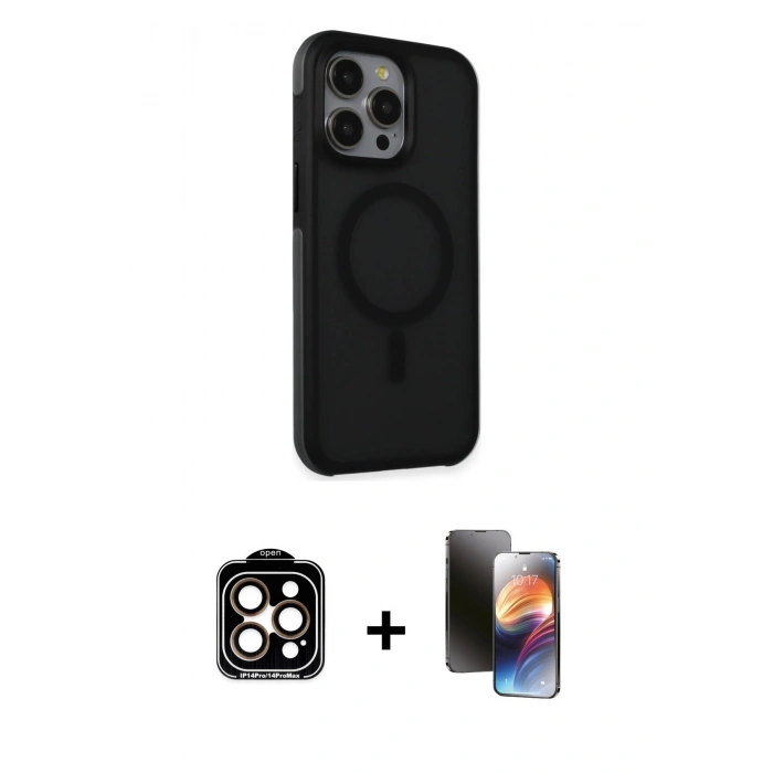 MARSİLYAN™- iPhone 15 Pro Max Kılıf Çekirdek Yansıma Prime - Siyah 3D Antistatik Mat Seramik Nano Ekran Koruyucu + PVD Metal Kamera Lens - TU