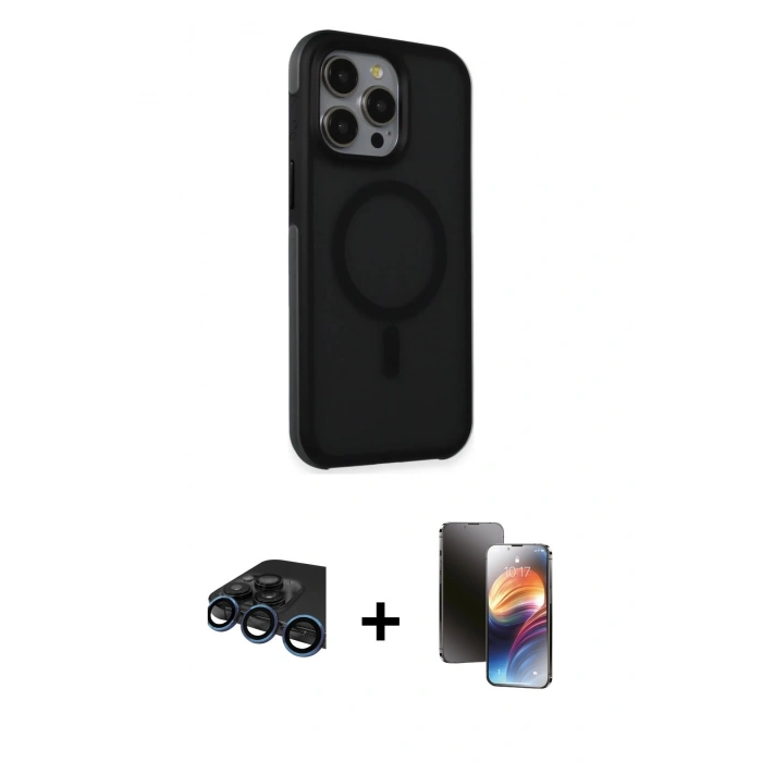 MARSİLYAN™- iPhone 15 Pro Max Kılıf Çekirdek Yansıma Prime - Siyah 3D Antistatik Mat Seramik Nano Ekran Koruyucu + Lacivert Raze Metal Kamera Lens