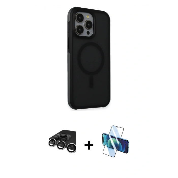 MARSİLYAN™- iPhone 15 Pro Max Kılıf Çekirdek Yansıma Prime - Siyah 3D Antistatik Seramik Nano Ekran Koruyucu + Raze Metal Kamera Lens - GS