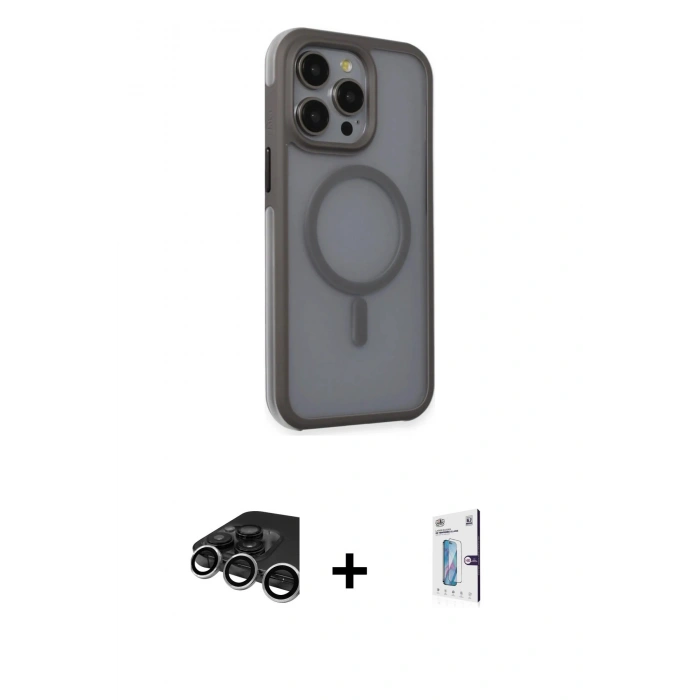 MARSİLYAN™- iPhone 15 Pro Max Kılıf Çekirdek Yansıma Prime - Siyah Bilvis 0.18mm Plus Cam Ekran Koruyucu + Raze Metal Kamera Lens - GS