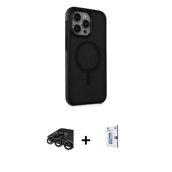 MARSİLYAN™- iPhone 15 Pro Max Kılıf Çekirdek Yansıma Prime - Siyah Bilvis 0.18mm Plus Cam Ekran Koruyucu + Raze Metal Kamera Lens - TMGI