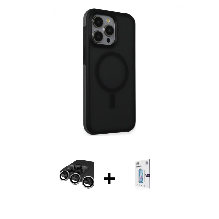 MARSİLYAN™- iPhone 15 Pro Max Kılıf Çekirdek Yansıma Prime - Siyah Bilvis 0.18mm Plus Cam Ekran Koruyucu + Raze Metal Kamera Lens - GS