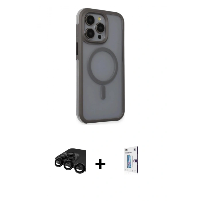 MARSİLYAN™- iPhone 15 Pro Max Kılıf Çekirdek Yansıma Prime - Siyah Bilvis 0.18mm Plus Cam Ekran Koruyucu + Raze Metal Kamera Lens - SH