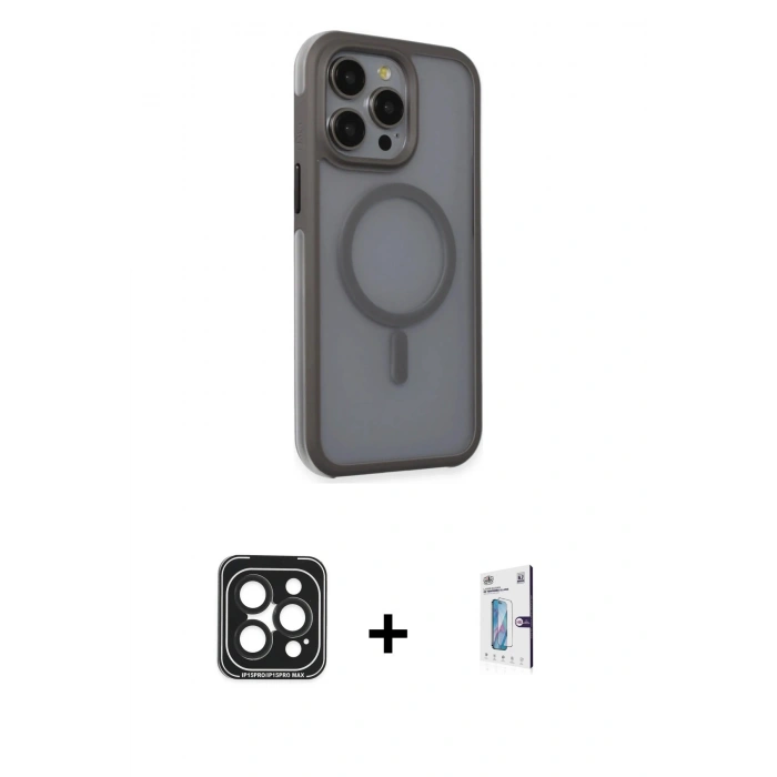 MARSİLYAN™- iPhone 15 Pro Max Kılıf Çekirdek Yansıma Prime - Siyah Bilvis 0.18mm Plus Cam Ekran Koruyucu + Siyah PVD Metal Kamera Lens