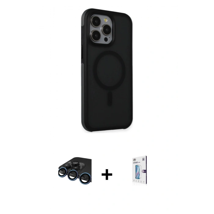 MARSİLYAN™- iPhone 15 Pro Max Kılıf Çekirdek Yansıma Prime - Siyah Bilvis 0.18mm Plus Cam Ekran Koruyucu + Raze Metal Kamera Lens - LT