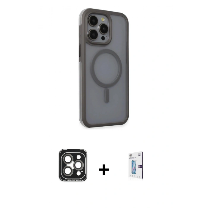 MARSİLYAN™- iPhone 15 Pro Max Kılıf Çekirdek Yansıma Prime - Siyah Bilvis 0.18mm Plus Cam Ekran Koruyucu + PVD Metal Kamera Lens - GI