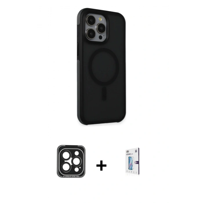 MARSİLYAN™- iPhone 15 Pro Max Kılıf Çekirdek Yansıma Prime - Siyah Bilvis 0.18mm Plus Cam Ekran Koruyucu + Siyah PVD Metal Kamera Lens