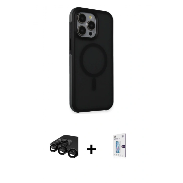 MARSİLYAN™- iPhone 15 Pro Max Kılıf Çekirdek Yansıma Prime - Siyah Bilvis 0.18mm Plus Cam Ekran Koruyucu + Raze Metal Kamera Lens - SH