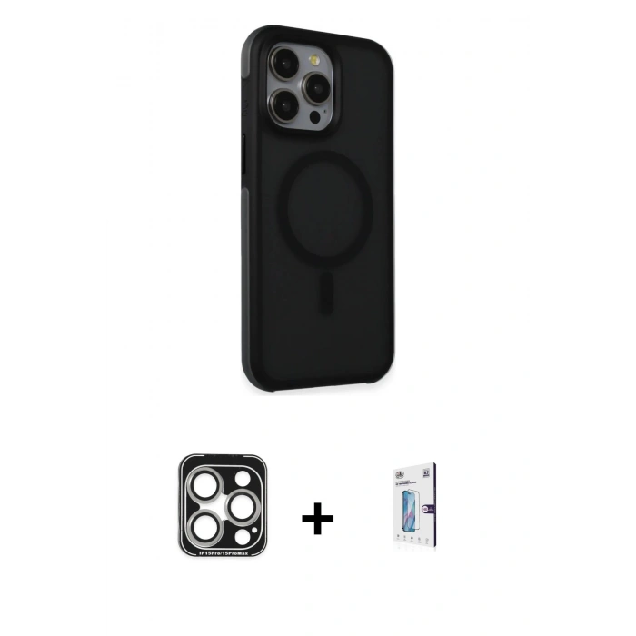 MARSİLYAN™- iPhone 15 Pro Max Kılıf Çekirdek Yansıma Prime - Siyah Bilvis 0.18mm Plus Cam Ekran Koruyucu + PVD Metal Kamera Lens - GS