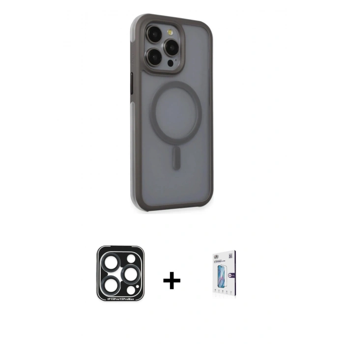 MARSİLYAN™- iPhone 15 Pro Max Kılıf Çekirdek Yansıma Prime - Siyah Bilvis 0.18mm Plus Cam Ekran Koruyucu + PVD Metal Kamera Lens - LT