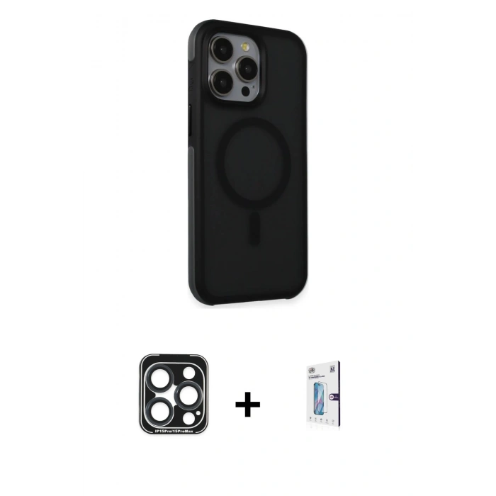 MARSİLYAN™- iPhone 15 Pro Max Kılıf Çekirdek Yansıma Prime - Siyah Bilvis 0.18mm Plus Cam Ekran Koruyucu + PVD Metal Kamera Lens - LT