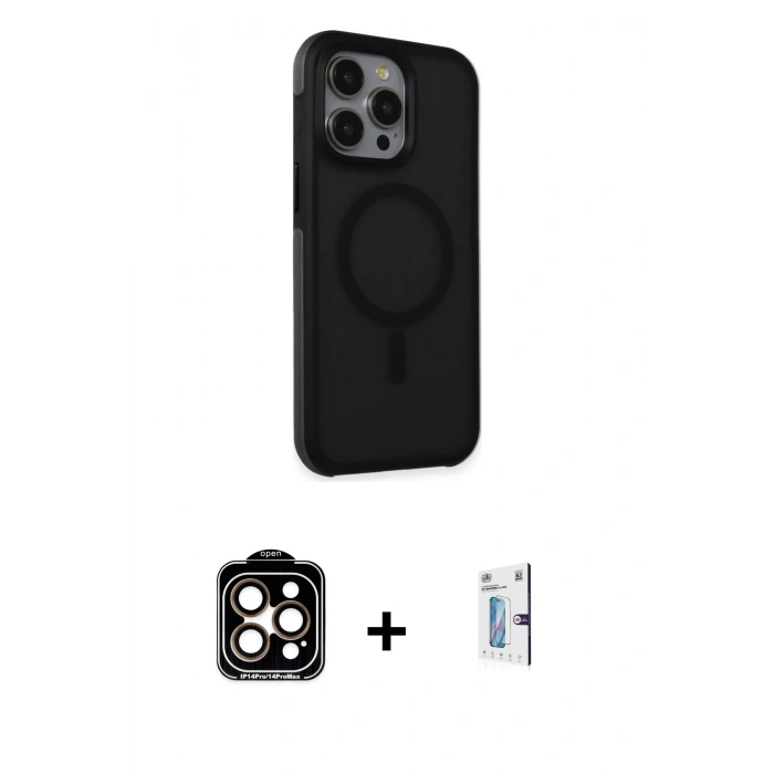 MARSİLYAN™- iPhone 15 Pro Max Kılıf Çekirdek Yansıma Prime - Siyah Bilvis 0.18mm Plus Cam Ekran Koruyucu + PVD Metal Kamera Lens - TU