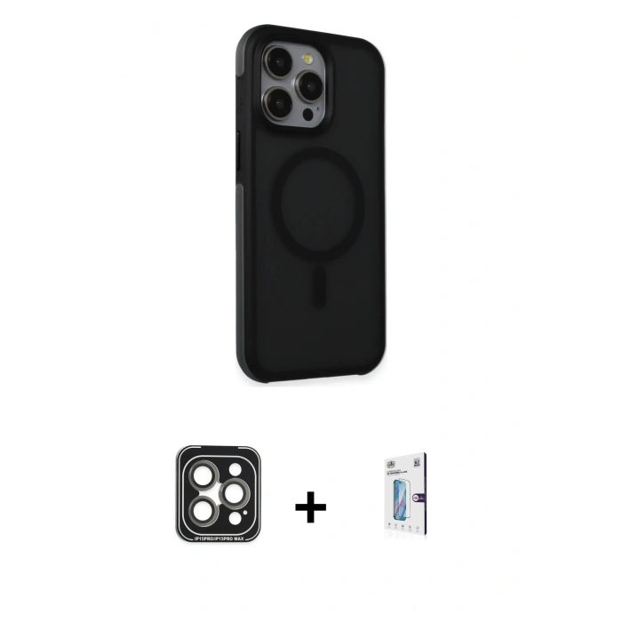 MARSİLYAN™- iPhone 15 Pro Max Kılıf Çekirdek Yansıma Prime - Siyah Bilvis 0.18mm Plus Cam Ekran Koruyucu + PVD Metal Kamera Lens - GI