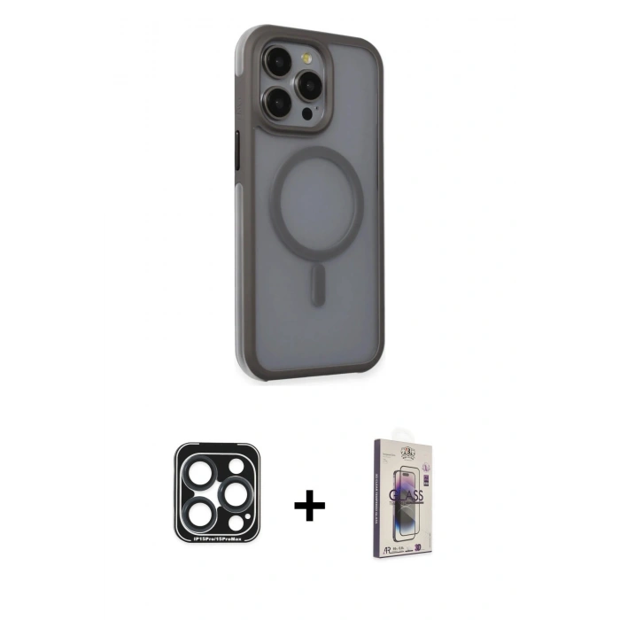MARSİLYAN™- iPhone 15 Pro Max Kılıf Çekirdek Yansıma Prime - Siyah Bilvis 3D Cam Ekran Koruyucu + PVD Metal Kamera Lens - LT