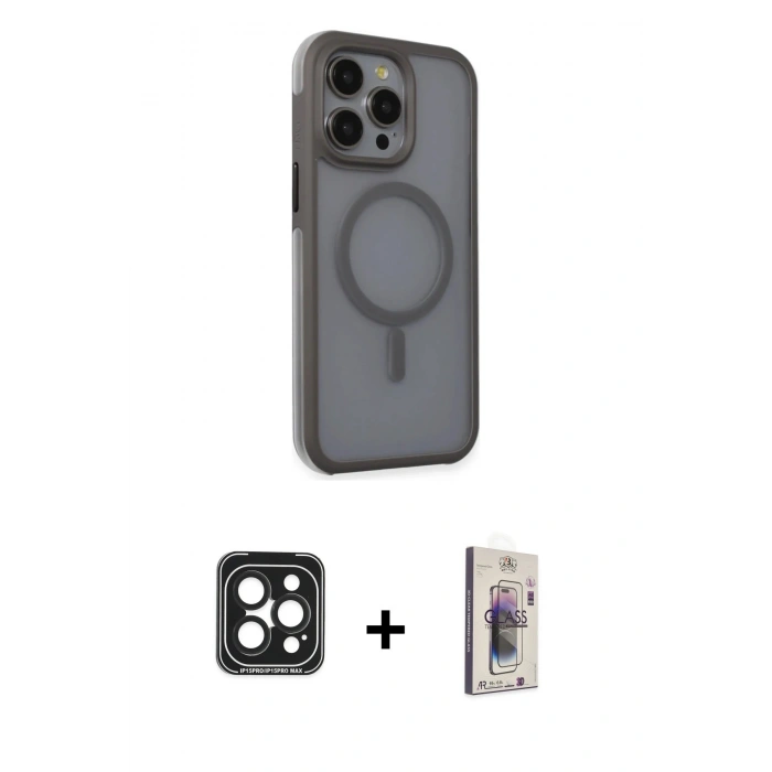 MARSİLYAN™- iPhone 15 Pro Max Kılıf Çekirdek Yansıma Prime - Siyah Bilvis 3D Cam Ekran Koruyucu + PVD Metal Kamera Lens - SH