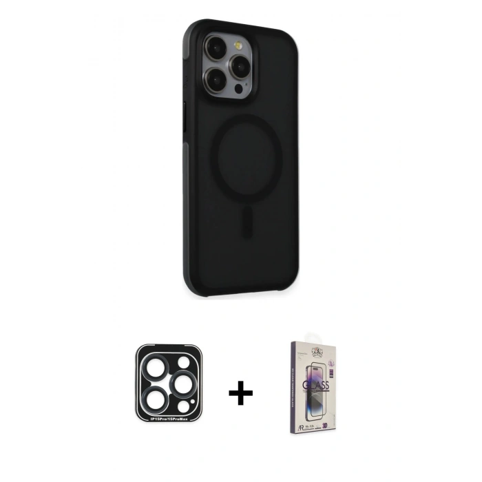 MARSİLYAN™- iPhone 15 Pro Max Kılıf Çekirdek Yansıma Prime - Siyah Bilvis 3D Cam Ekran Koruyucu + PVD Metal Kamera Lens - LT