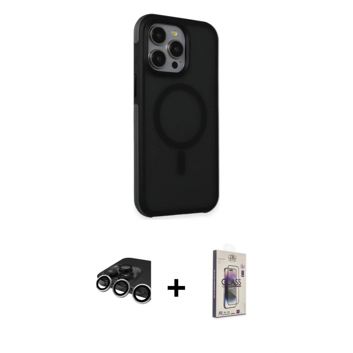 MARSİLYAN™- iPhone 15 Pro Max Kılıf Çekirdek Yansıma Prime - Siyah Bilvis 3D Cam Ekran Koruyucu + Raze Metal Kamera Lens - GS