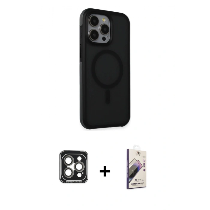 MARSİLYAN™- iPhone 15 Pro Max Kılıf Çekirdek Yansıma Prime - Siyah Bilvis 3D Mat Cam Ekran Koruyucu + PVD Metal Kamera Lens - GI