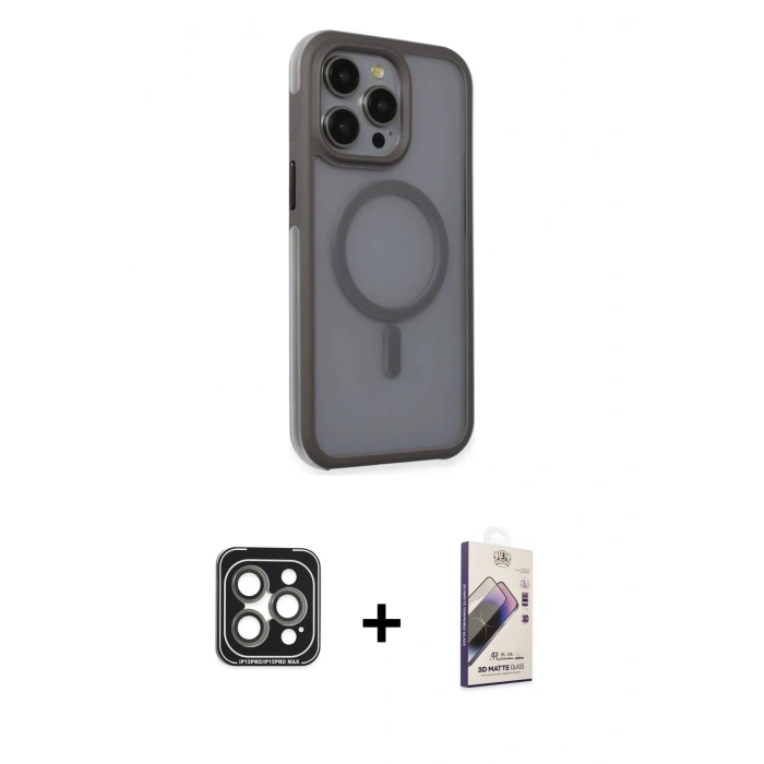 MARSİLYAN™- iPhone 15 Pro Max Kılıf Çekirdek Yansıma Prime - Siyah Bilvis 3D Mat Cam Ekran Koruyucu + PVD Metal Kamera Lens - GI