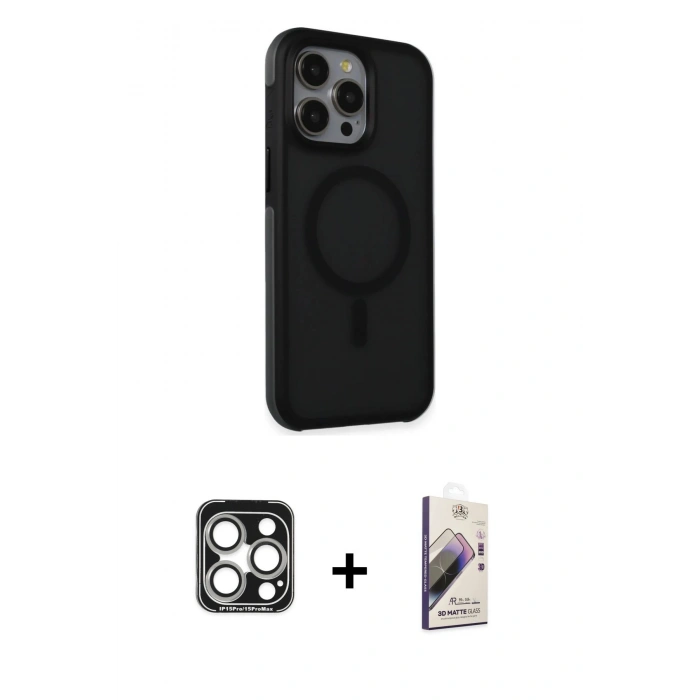 MARSİLYAN™- iPhone 15 Pro Max Kılıf Çekirdek Yansıma Prime - Siyah Bilvis 3D Mat Cam Ekran Koruyucu + PVD Metal Kamera Lens - GS