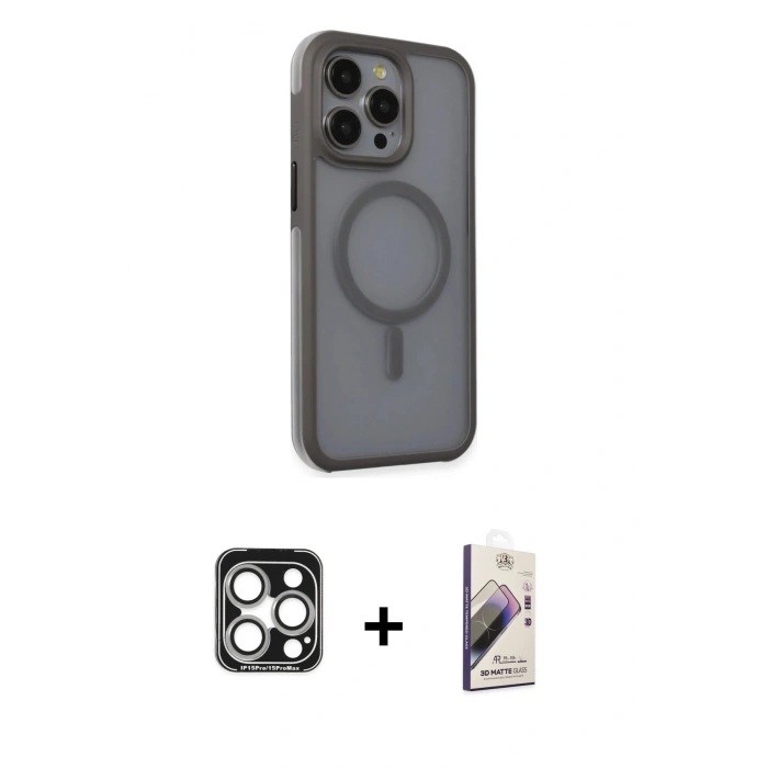 MARSİLYAN™- iPhone 15 Pro Max Kılıf Çekirdek Yansıma Prime - Siyah Bilvis 3D Mat Cam Ekran Koruyucu + PVD Metal Kamera Lens - GS