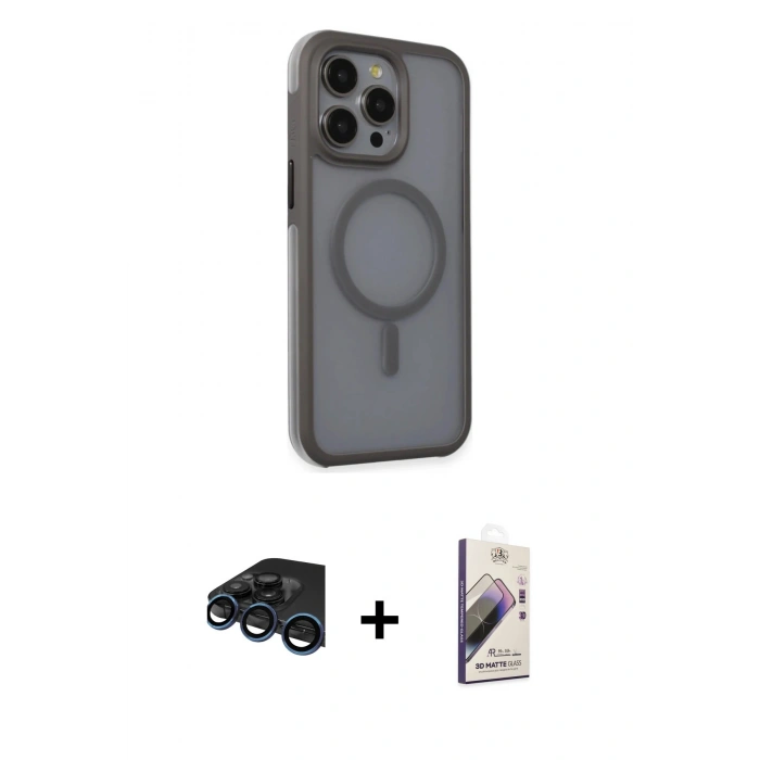 MARSİLYAN™- iPhone 15 Pro Max Kılıf Çekirdek Yansıma Prime - Siyah Bilvis 3D Mat Cam Ekran Koruyucu + Raze Metal Kamera Lens - LT