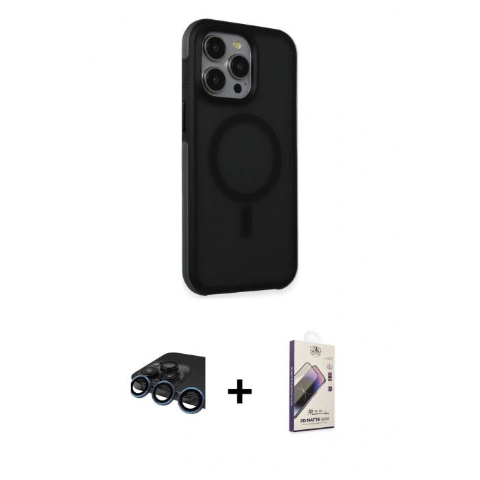 MARSİLYAN™- iPhone 15 Pro Max Kılıf Çekirdek Yansıma Prime - Siyah Bilvis 3D Mat Cam Ekran Koruyucu + Raze Metal Kamera Lens - LT