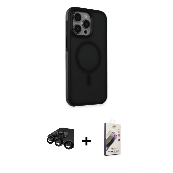 MARSİLYAN™- iPhone 15 Pro Max Kılıf Çekirdek Yansıma Prime - Siyah Bilvis 3D Mat Cam Ekran Koruyucu + Raze Metal Kamera Lens - SH