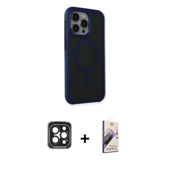 MARSİLYAN™- iPhone 15 Pro Max Kılıf Çekirdek Yansıma Prime - Siyah Bilvis 3D Mat Cam Ekran Koruyucu + Siyah PVD Metal Kamera Lens