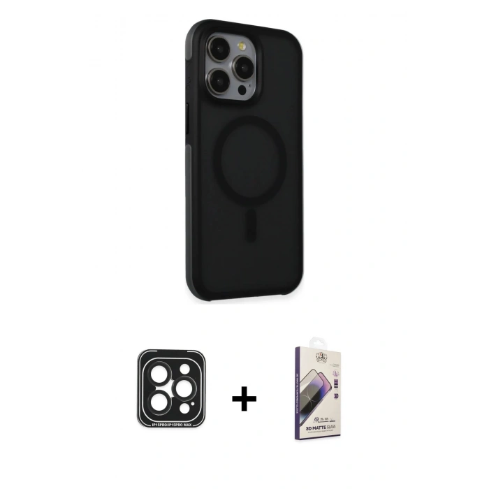 MARSİLYAN™- iPhone 15 Pro Max Kılıf Çekirdek Yansıma Prime - Siyah Bilvis 3D Mat Cam Ekran Koruyucu + Siyah PVD Metal Kamera Lens