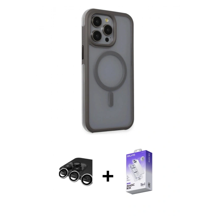 MARSİLYAN™- iPhone 15 Pro Max Kılıf Çekirdek Yansıma Prime - Siyah Bilvis 5in1 3D Magic Cam Ekran Koruyucu + Raze Metal Kamera Lens - GS
