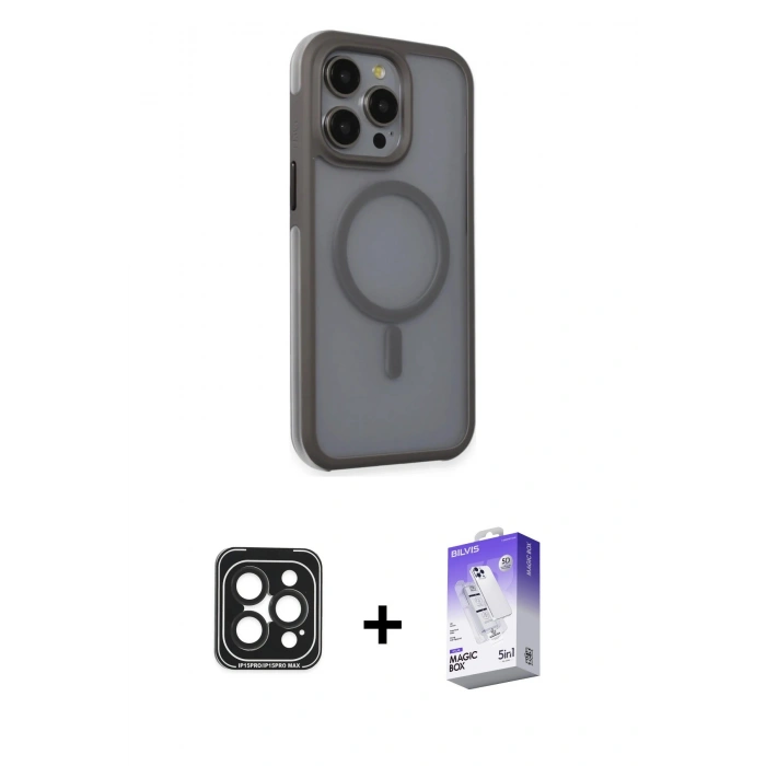 MARSİLYAN™- iPhone 15 Pro Max Kılıf Çekirdek Yansıma Prime - Siyah Bilvis 5in1 3D Magic Cam Ekran Koruyucu + PVD Metal Kamera Lens - SH