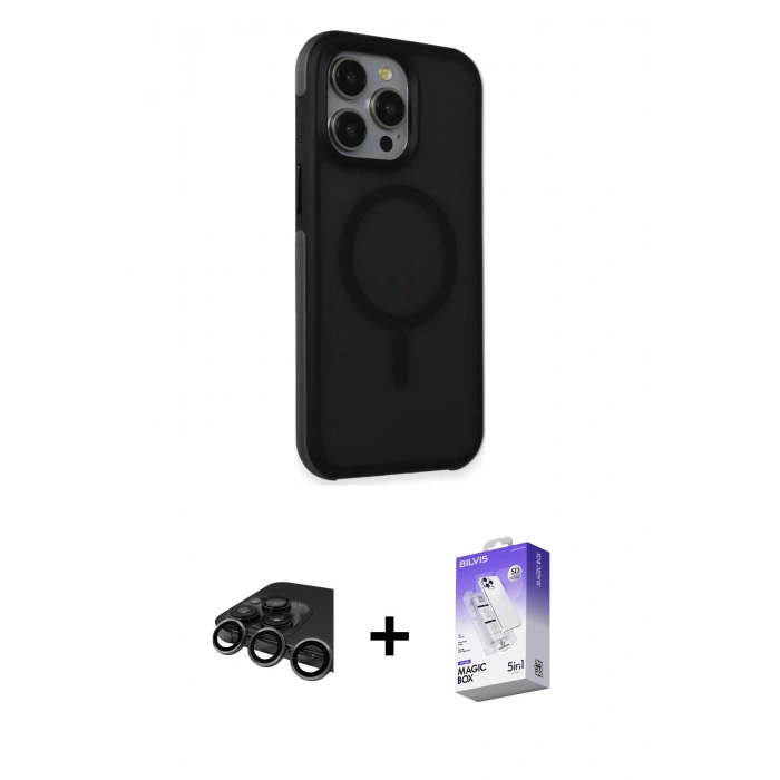 MARSİLYAN™- iPhone 15 Pro Max Kılıf Çekirdek Yansıma Prime - Siyah Bilvis 5in1 3D Magic Cam Ekran Koruyucu + Raze Metal Kamera Lens - TMGI