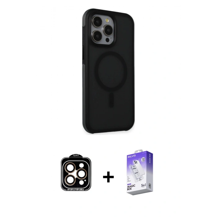 MARSİLYAN™- iPhone 15 Pro Max Kılıf Çekirdek Yansıma Prime - Siyah Bilvis 5in1 3D Magic Cam Ekran Koruyucu + PVD Metal Kamera Lens - TU