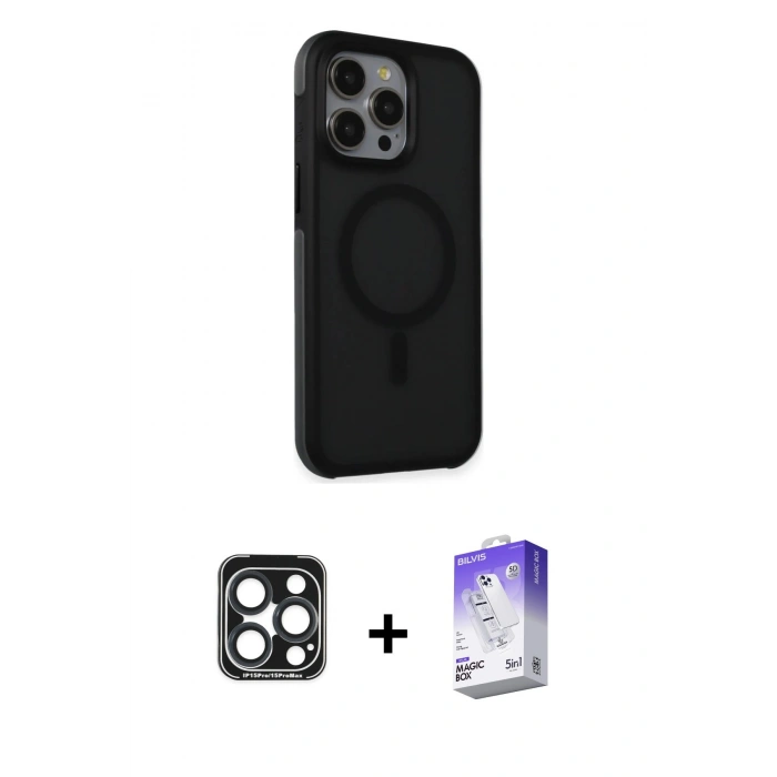 MARSİLYAN™- iPhone 15 Pro Max Kılıf Çekirdek Yansıma Prime - Siyah Bilvis 5in1 3D Magic Cam Ekran Koruyucu + PVD Metal Kamera Lens - LT