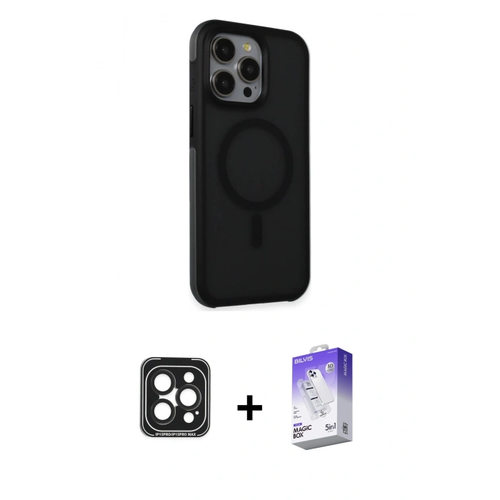 MARSİLYAN™- iPhone 15 Pro Max Kılıf Çekirdek Yansıma Prime - Siyah Bilvis 5in1 3D Magic Cam Ekran Koruyucu + PVD Metal Kamera Lens - SH
