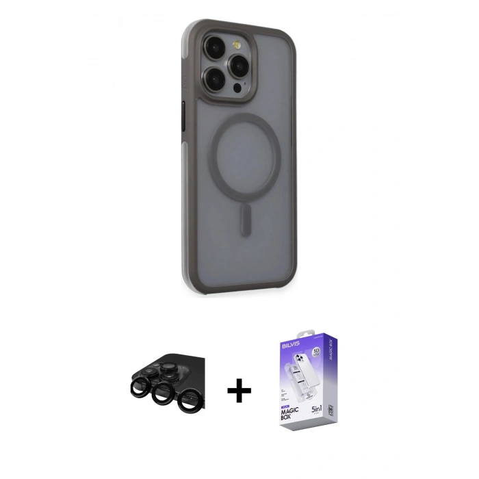 MARSİLYAN™- iPhone 15 Pro Max Kılıf Çekirdek Yansıma Prime - Siyah Bilvis 5in1 3D Magic Cam Ekran Koruyucu + Siyah Raze Metal Kamera Lens