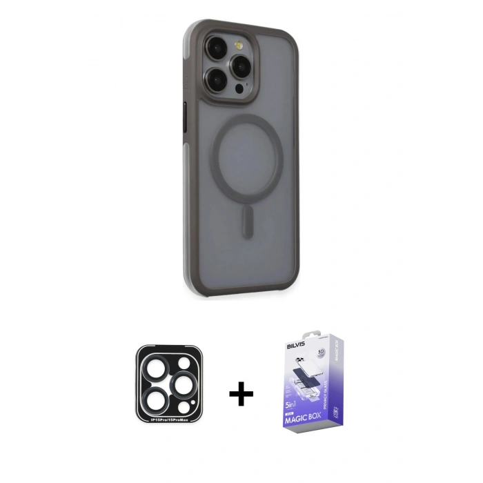 MARSİLYAN™- iPhone 15 Pro Max Kılıf Çekirdek Yansıma Prime - Siyah Bilvis 5in1 5D Magic Hayalet Cam Ekran Koruyucu + Lacivert PVD Metal Kamera Lens